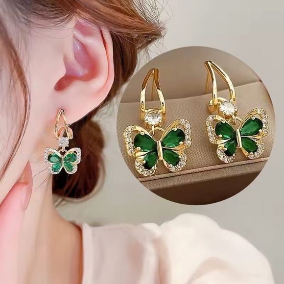 Vintage Green Crystal Butterfly Drop Earrings For Women - Picture 1 of 3